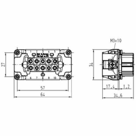 HARTING® 09 33 010 2701 Han E® Terminal Insert With Wire Protection, 10 Positions, 18 to 14 AWG Wire, Female Screw Connection, Polycarbonate