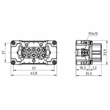 HARTING® 09 33 010 2702 Han E® Terminal Insert, 10 Positions, 20 to 12 AWG Wire, Crimp/Female Connection, Polycarbonate