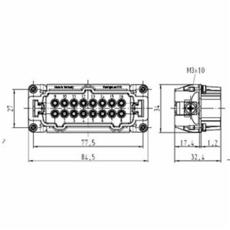 HARTING® 09 33 016 2601 Han E® Terminal Insert With Wire Protection, 16 Positions, 18 to 14 AWG Wire, Male Screw Connection, Polycarbonate