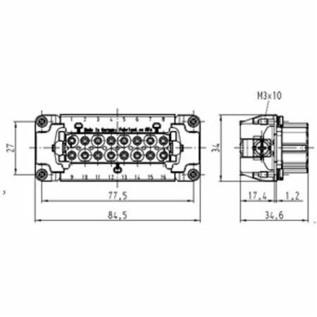 HARTING® 09 33 016 2701 Han E® Terminal Insert, 16 Positions, 18 to 14 AWG Wire, Female Screw Connection, Polycarbonate