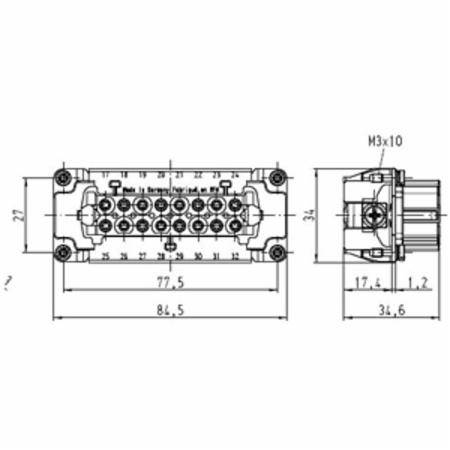 HARTING® 09 33 016 2711 Han E® Terminal Insert With Wire Protection, 32 Positions, Female Screw Connection, Polycarbonate