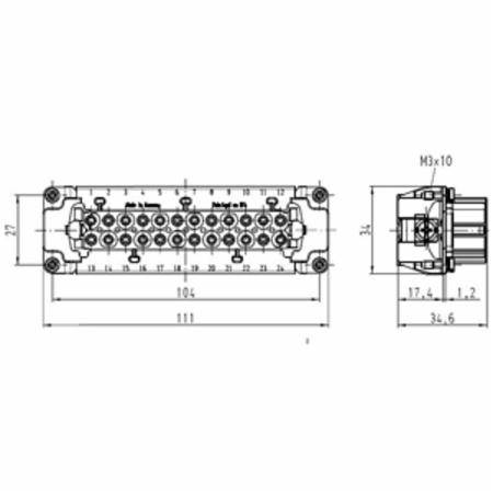 HARTING® 09 33 024 2701 Han E® Terminal Insert, 24 Positions, 18 to 14 AWG Wire, Female Screw Connection, Polycarbonate