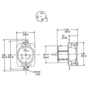 EATON CS6369 Single Locking Receptacle, 125/250 VAC, 50 A, 3 Poles, 4 Wires, Black
