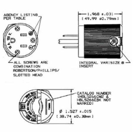 250 VAC 15 A 6-15P, Hubbell Incorporated HBL5666C Insulgrip® Straight Blade Plug, Black/White