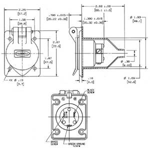 125 VAC 15 A 5-15P, Hubbell Incorporated HBL61CM64 Straight Blade Flanged Inlet and Cover, Gray