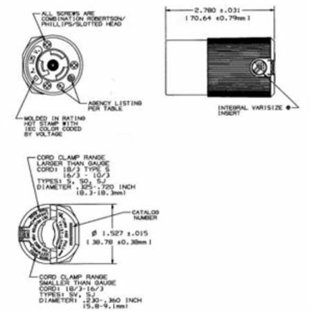 250 VAC 15 A Non-NEMA, Hubbell Incorporated HBL7565C Twist-Lock®, Insulgrip® Locking Device Connector