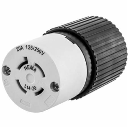 EATON L1420C Grounding Straight Locking Connector, 125/250 VAC, 20 A, 3 Poles, 4 Wires, Black