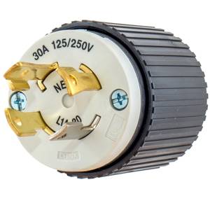 EATON Eaton Wiring Devices Arrow Hart™ L1420P Grounding Straight Locking Plug, 125/250 VAC, 20 A, 3 Poles, 4 Wires, Black/White