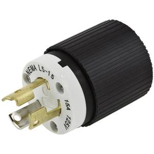 EATON Eaton Wiring Devices Arrow Hart™ L520P Grounding Straight Locking Plug, 125 VAC, 20 A, 2 Poles, 3 Wires, Black/White