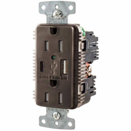 125 VAC 15 A, Hubbell Wiring Device-Kellems USB15AC5 tradeSELECT® Combination USB Charger and Receptacle, Brown