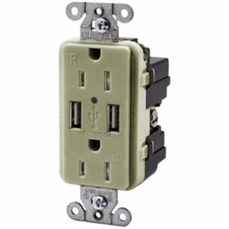 125 VAC 15 A, Hubbell Wiring Device-Kellems USB15X2I Combination USB Charger and Receptacle, Ivory