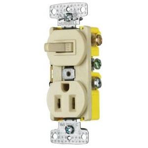 Wiring Device-Kellems RC108I Traditional 2-Position Standard Traditional Switch And Receptacle, Electrical Ratings: 120/125 VAC, 15 A, 1800 W, 1 Poles, 3 Wires, Snap Switch Reset