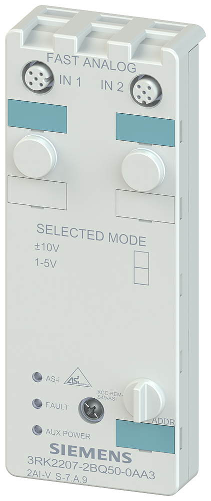 Siemens 3RK2207-2BQ50-0AA3 AS-I K60 Compact A/B Slave Profile 7.A.9 Analog Input Module w/ (2) Coding Elements, 2 Inputs, 14 bit Resolution