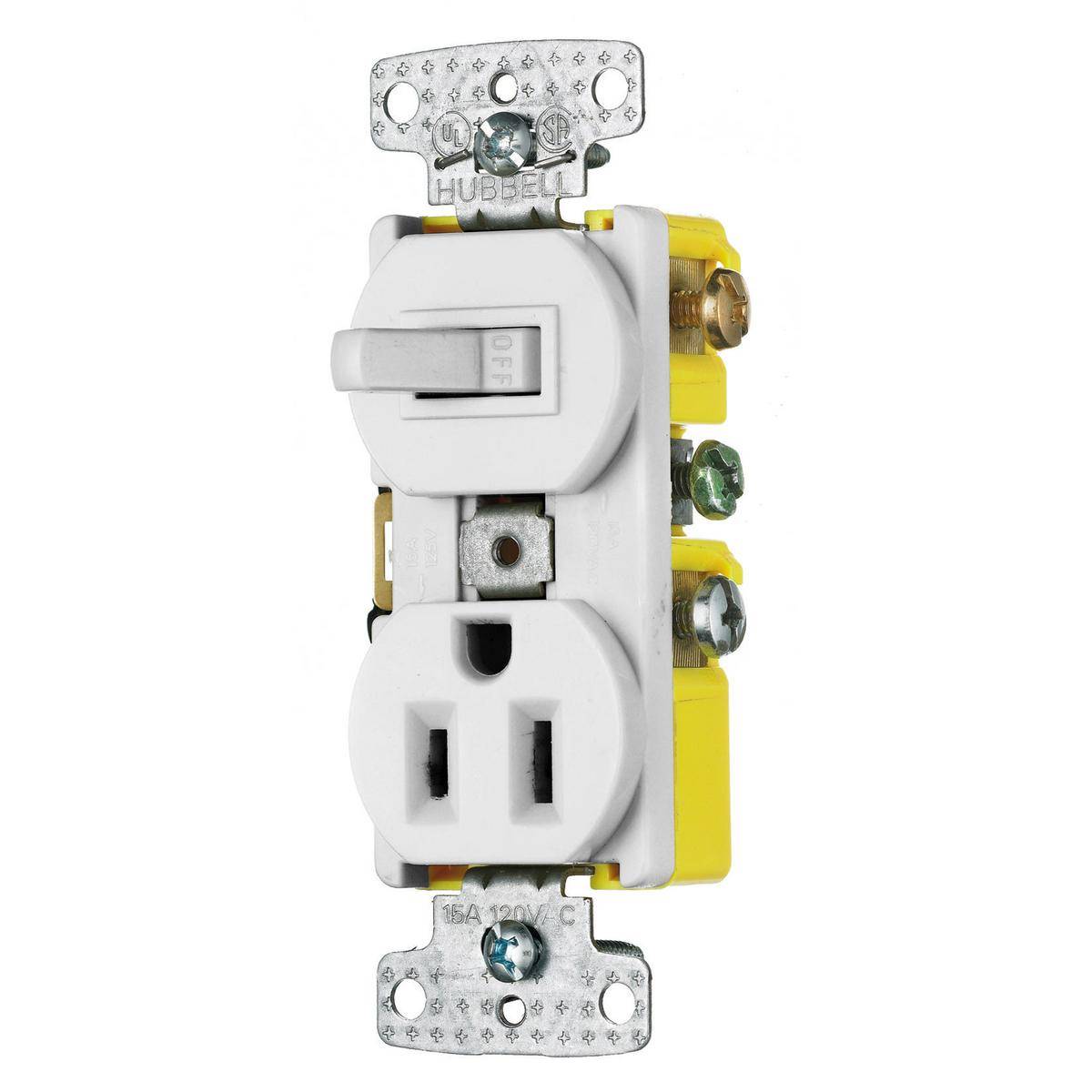 Wiring Device-Kellems RC308W 2-Position 3-Way Snap Action Toggle Standard Self-Grounding Combination Switch and Receptacle, Electrical Ratings: 15 A at 120/125 VAC, 1 Poles, 3 Wires, Snap Switch Reset