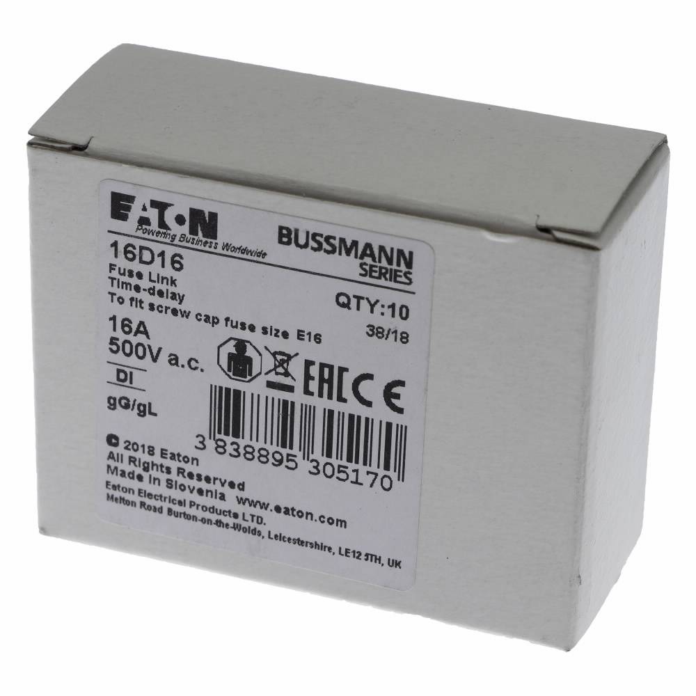 Edison 16D16 Type D Diazed Low Voltage Time Delay Time-Delay Fuse Link, 16 A, 500 VAC, 100 A Interrupt, Class: gG/gL, Round Body