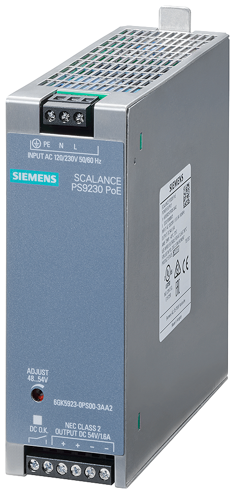 Siemens 6GK59230PS003AA2 PS 9230 SCALANCE Power Supply Module, 85 to 264 VAC Input, 54 VDC Output, 1 A Input, 0 to 1.8 A Output