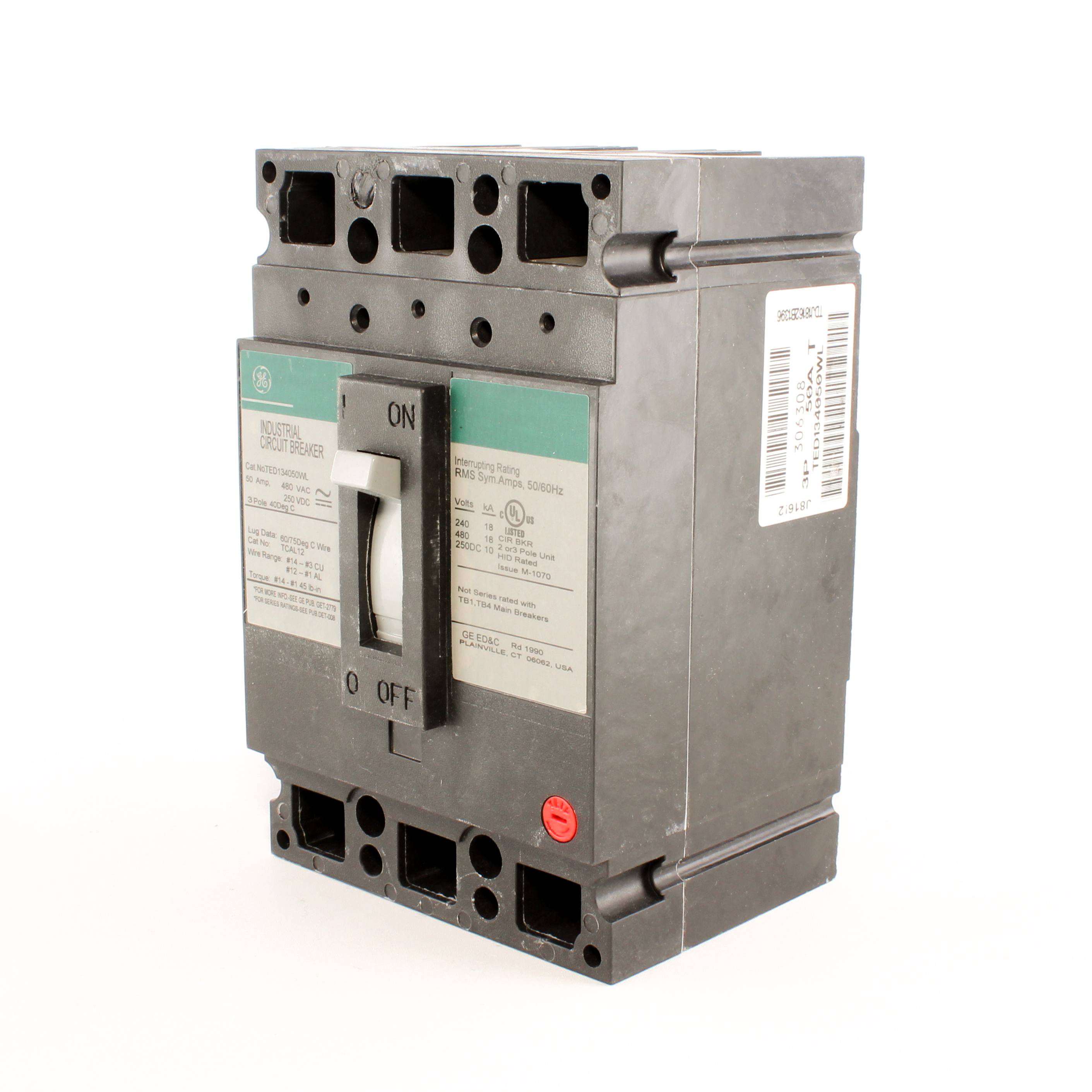 GE TED134050WL Type TED Core E Mid Tier Molded Case Circuit Breaker With Copper/Aluminum Line and Load Lug, 480 VAC, 50 A, 18 kA Interrupt, 3 Poles, LI/Non-Interchangeable Thermal Magnetic Trip