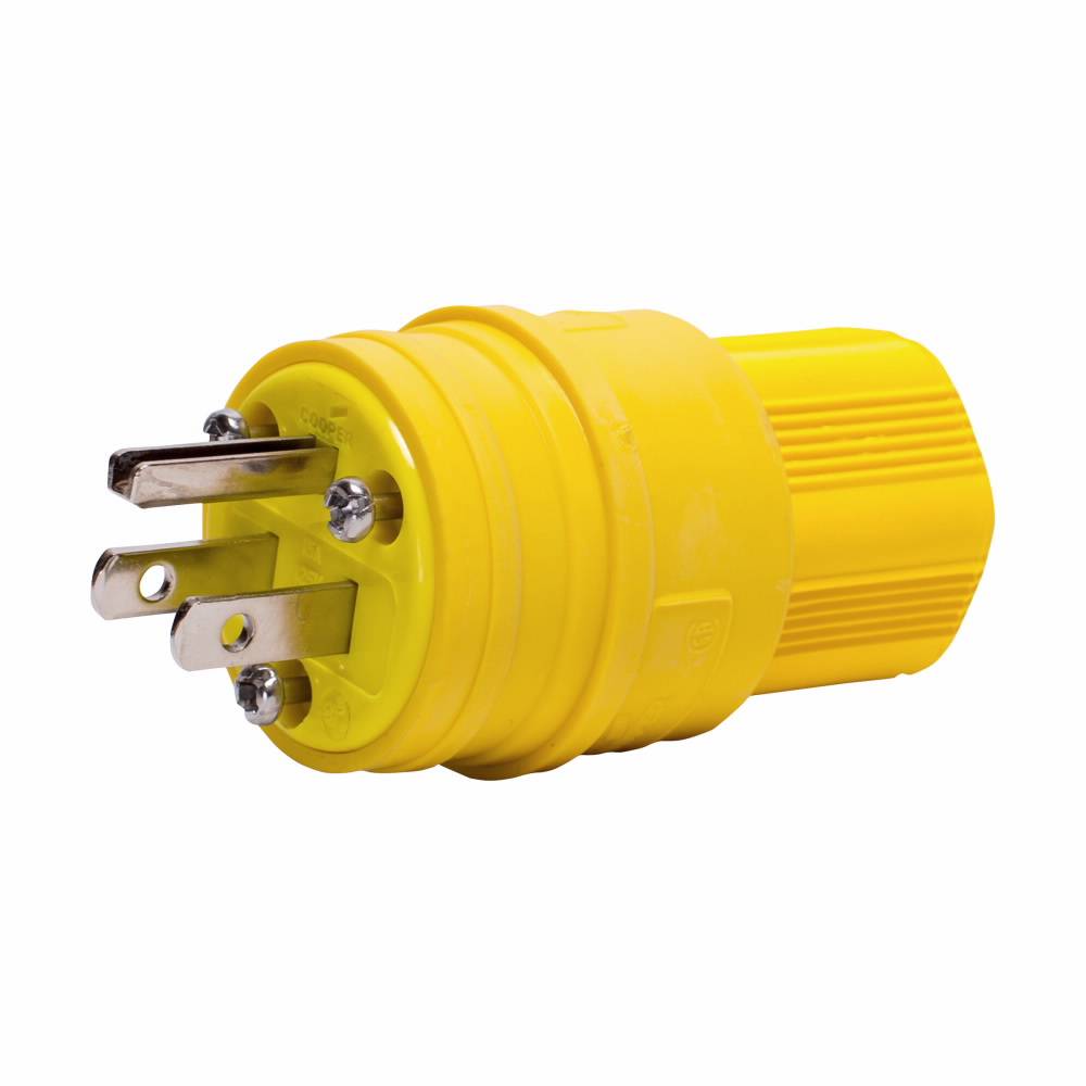 EATON Arrow Hart 14W47 Grounding Watertight Straight Blade Plug, 125 VAC, 15 A, 2 Poles, 3 Wires, Yellow