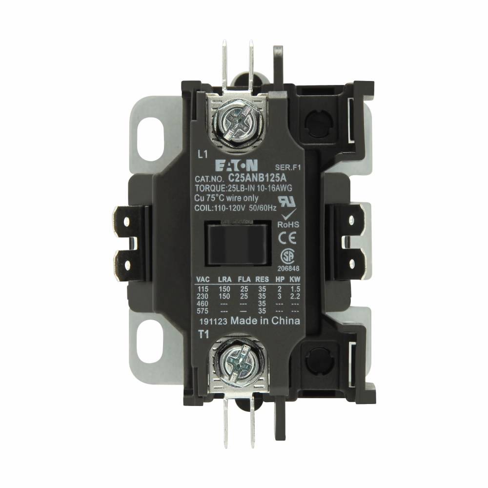 EATON C25ANB125A Compact Definite Purpose Control Contactor, 110/120 VAC Coil, 25 A, 1 Pole