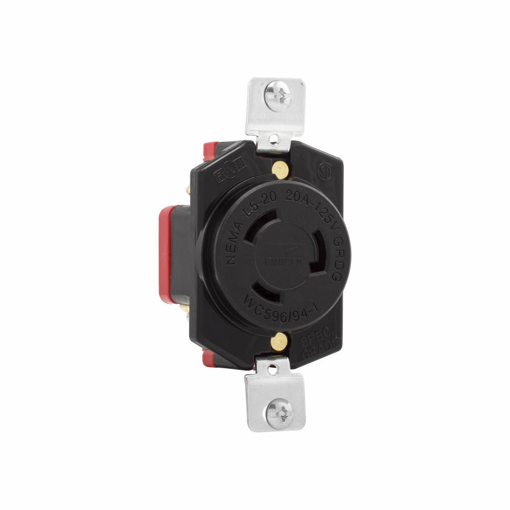 EATON Wiring Devices Arrow Hart™ L520R Single Locking Receptacle, 125 VAC, 20 A, 2 Poles, 3 Wires, Black