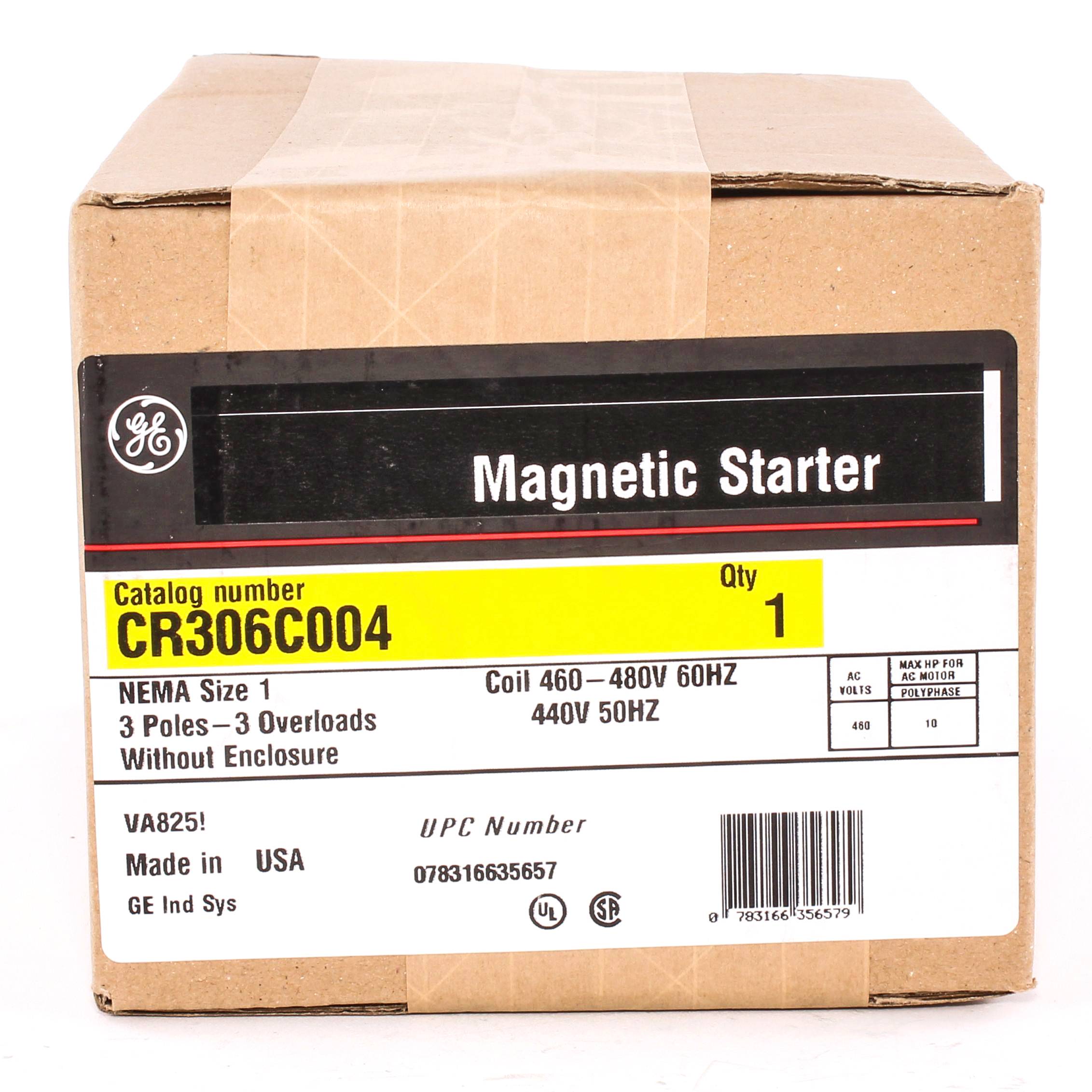 GE CR306C004 Full Voltage Non-Reversing Non-Combination NEMA Magnetic Starter, 440 VAC at 50 Hz, 460 to 480 VAC at 60 Hz V Coil, 3 Poles, Open Enclosure