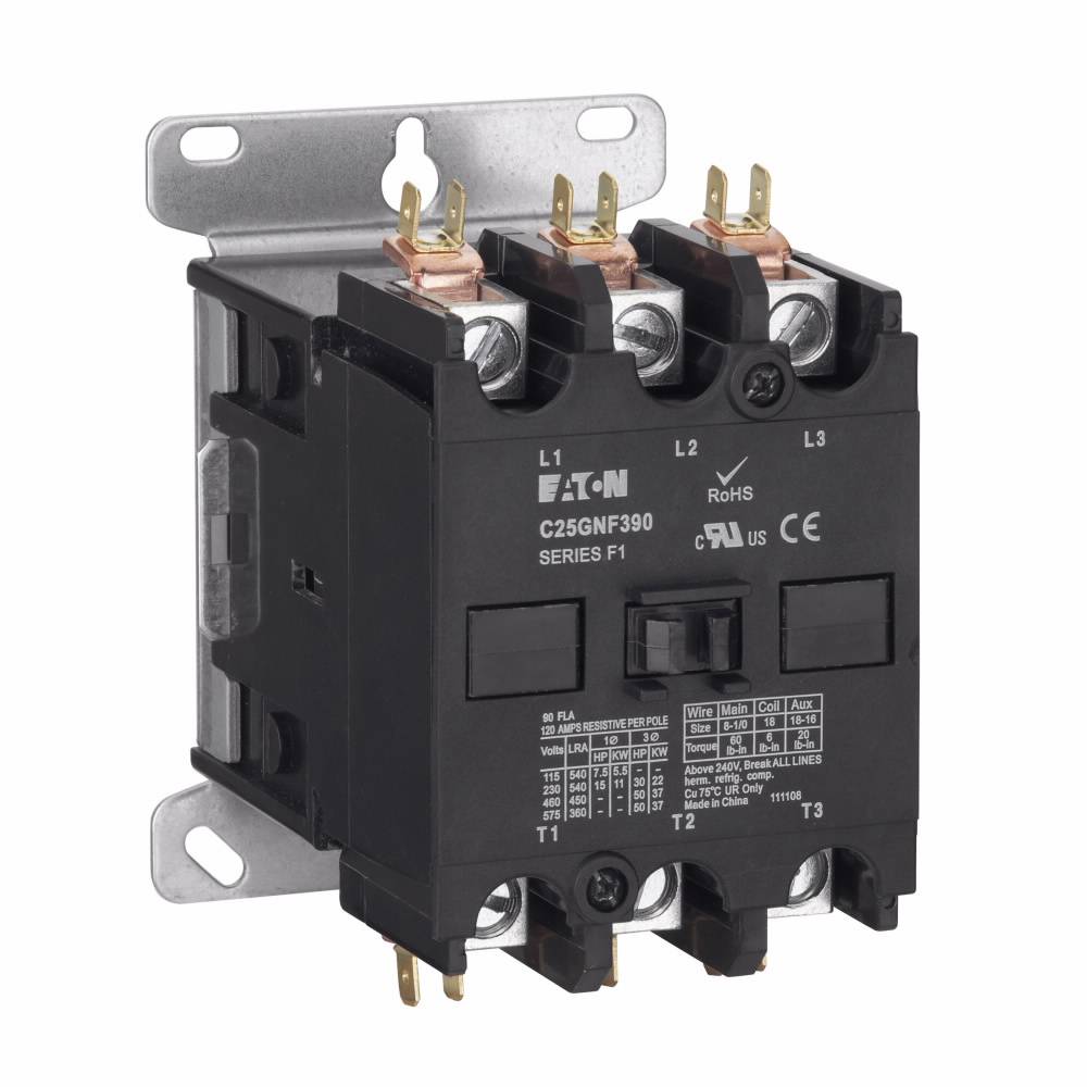 EATON C25GNF390T Non-Reversing Definite Purpose AC Contactor, 24 VAC V Coil, 90 A, 3 Poles