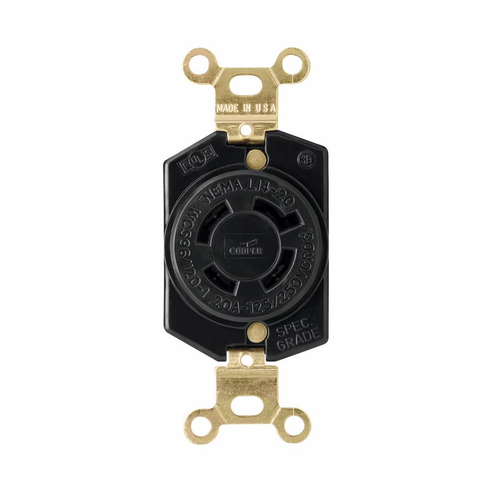 EATON Wiring Devices Arrow Hart™ L1420R Single Locking Receptacle, 125/250 VAC, 20 A, 3 Poles, 4 Wires, Black