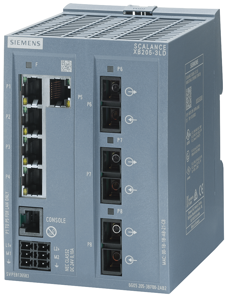 Siemens SCALANCE 6GK52053BF002AB2 Layer 2 Managed Ethernet Switch, 100BaseFX Singlemode Interface, (5) RJ45 Port, Telnet/HTTP/HTTPS/TFTP/FTP/DCP/LLDP/Ethernet/IP/SNMP v1/SNMP v2/SNMP v3/IGMP/HRP/MRP/PRP/SSH/NTP/SNTP Protocol