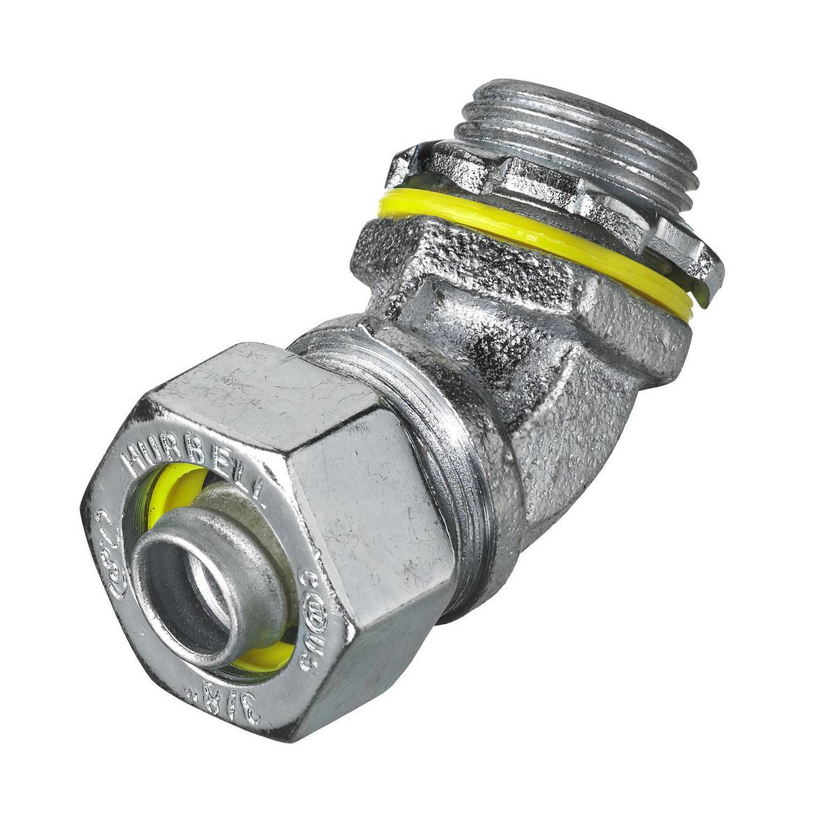 Wiring Device-Kellems H0384 Non-Insulated Male Metallic Liquidtight Connector, 3/8 in Trade, 45 deg, Steel, Zinc Plated