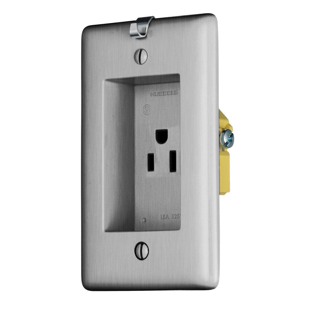 Wiring Device-Kellems RR151CHSSTR Single Standard Tamper Resistant Screw Mount Clock Hanger Recessed Receptacle, 125 VAC, 15 A, 2 Poles, 3 Wires, Stainless Steel