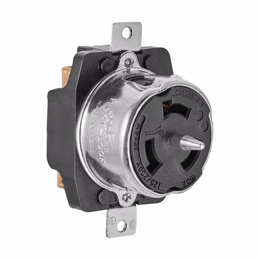 EATON CS6369 Single Locking Receptacle, 125/250 VAC, 50 A, 3 Poles, 4 Wires, Black