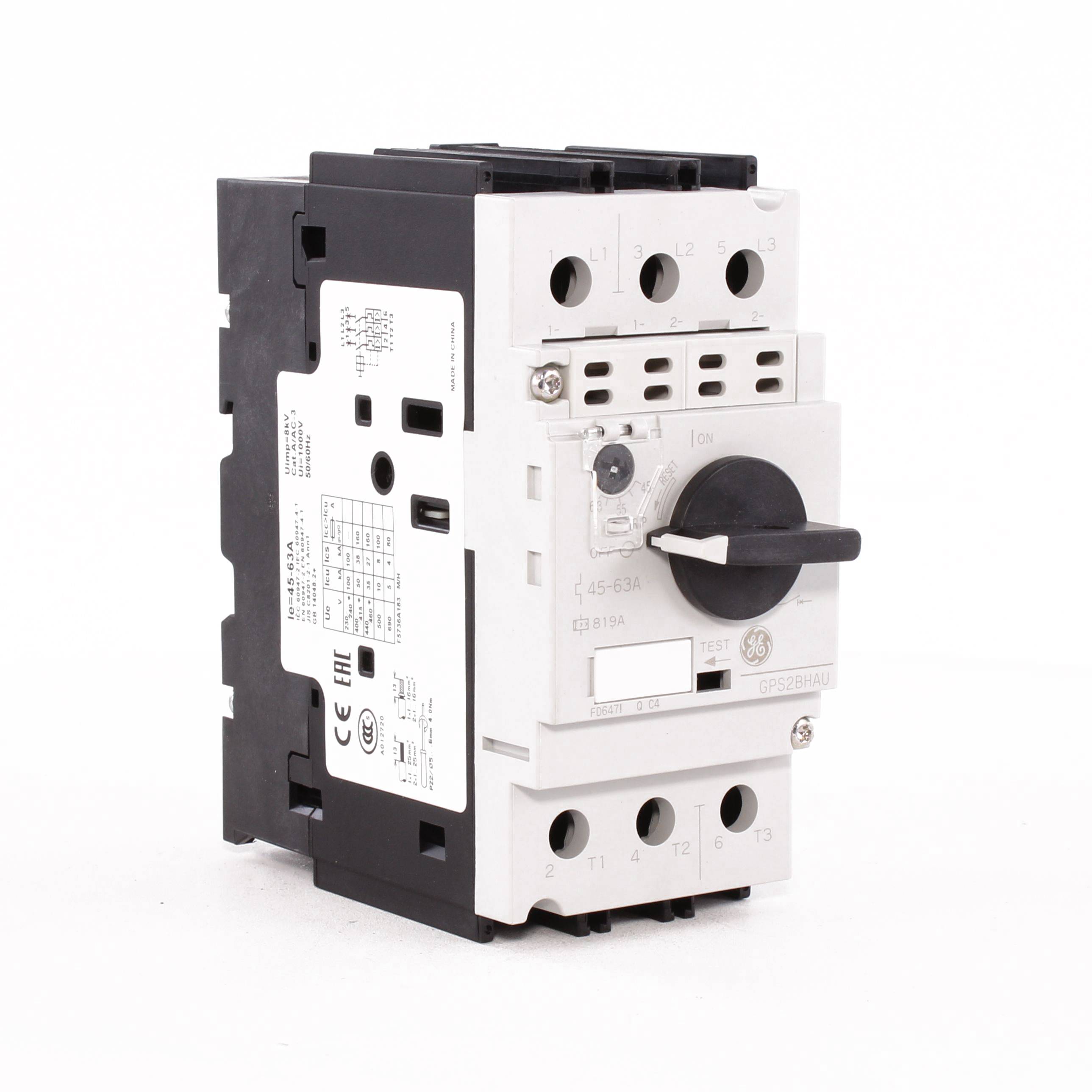 GE GPS2BHAU Surion Series Type 2 Combination High Breaking Capacity Industrial Solution Manual Motor Starter, ON/OFF/Trip Action, 3 Poles
