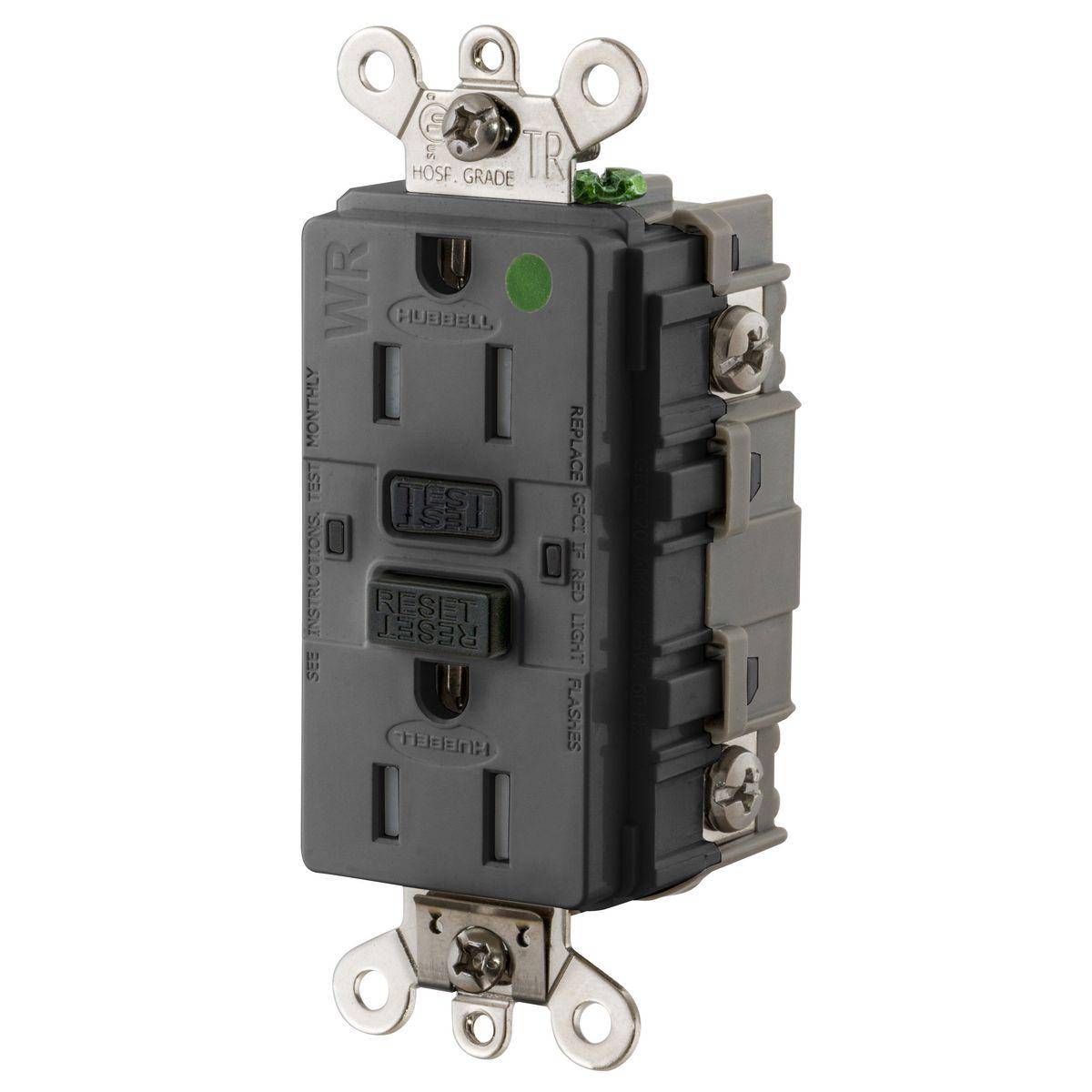 Wiring Device-Kellems AUTOGUARD® GF8200SGBK Tamper Resistant Weather Resistant Self Test GFCI Receptacle, 125 V, 15 A, 2 Poles, 3 Wires, Black