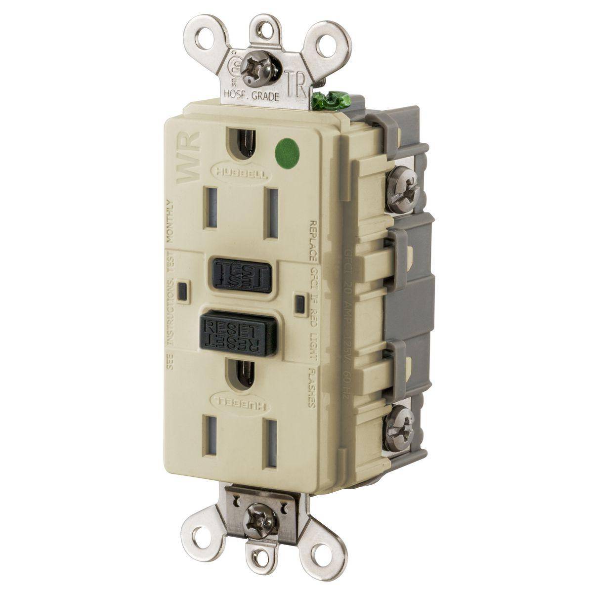 Wiring Device-Kellems GF8200SGI Duplex Decorator Extra Heavy Duty Feed-Through Grounding Straight Blade Tamper/Weather Resistance GFCI Receptacle, 125 VAC, 15 A, 2 Poles, 3 Wires, Ivory