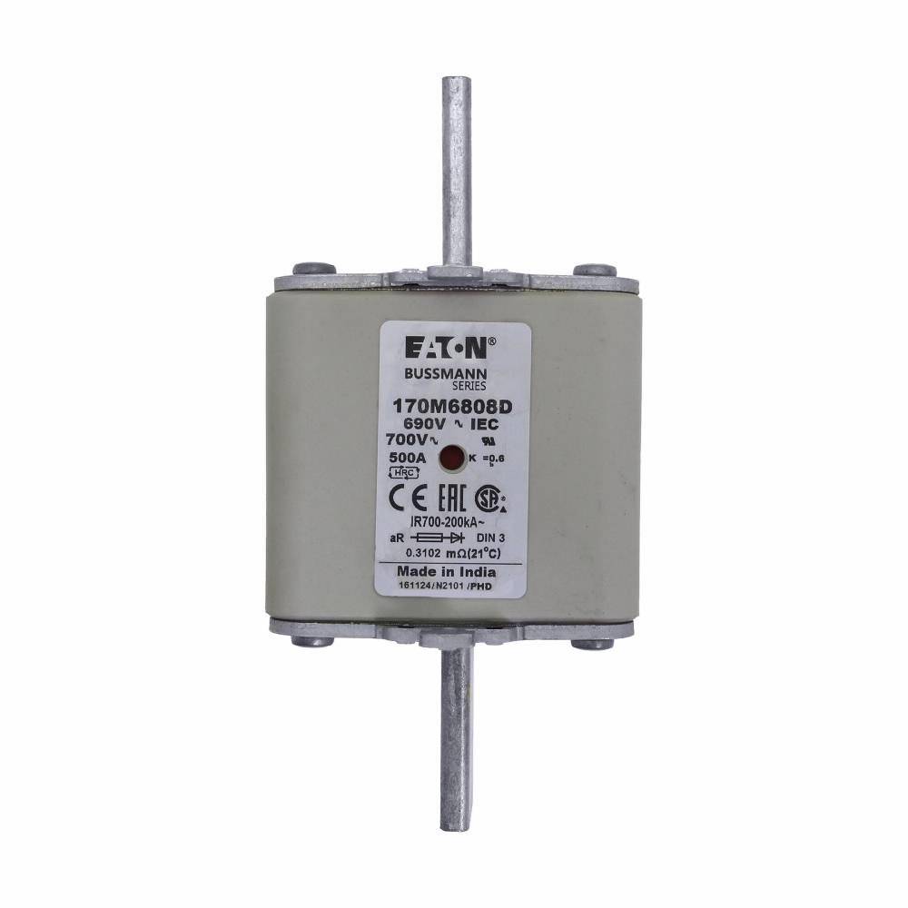 Edison 170M6808D High Speed Fuse, 500 A, 700 V, 200 kA Interrupt, Class: aR, Square Body