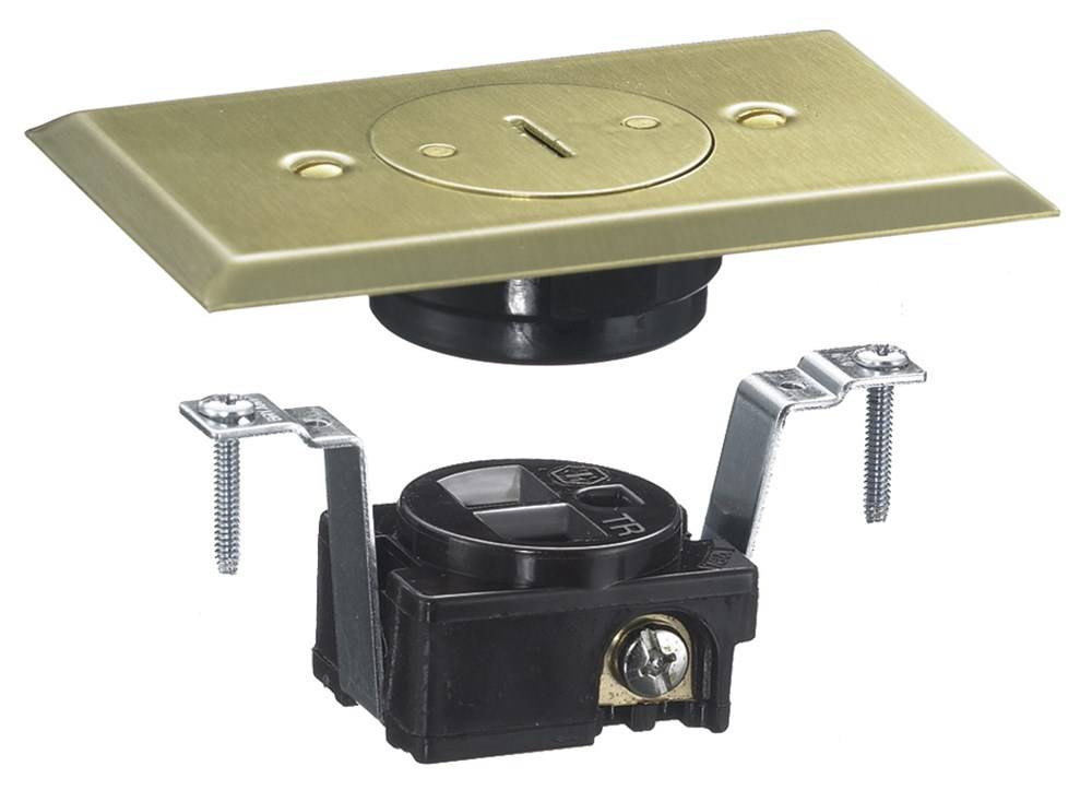PREMISE WIRING RF151DTR Drop-In Non-Metallic Display Rated Receptacle With Brass Plate Cover, Solid Brass, 1 Outlet, 2 Knockouts