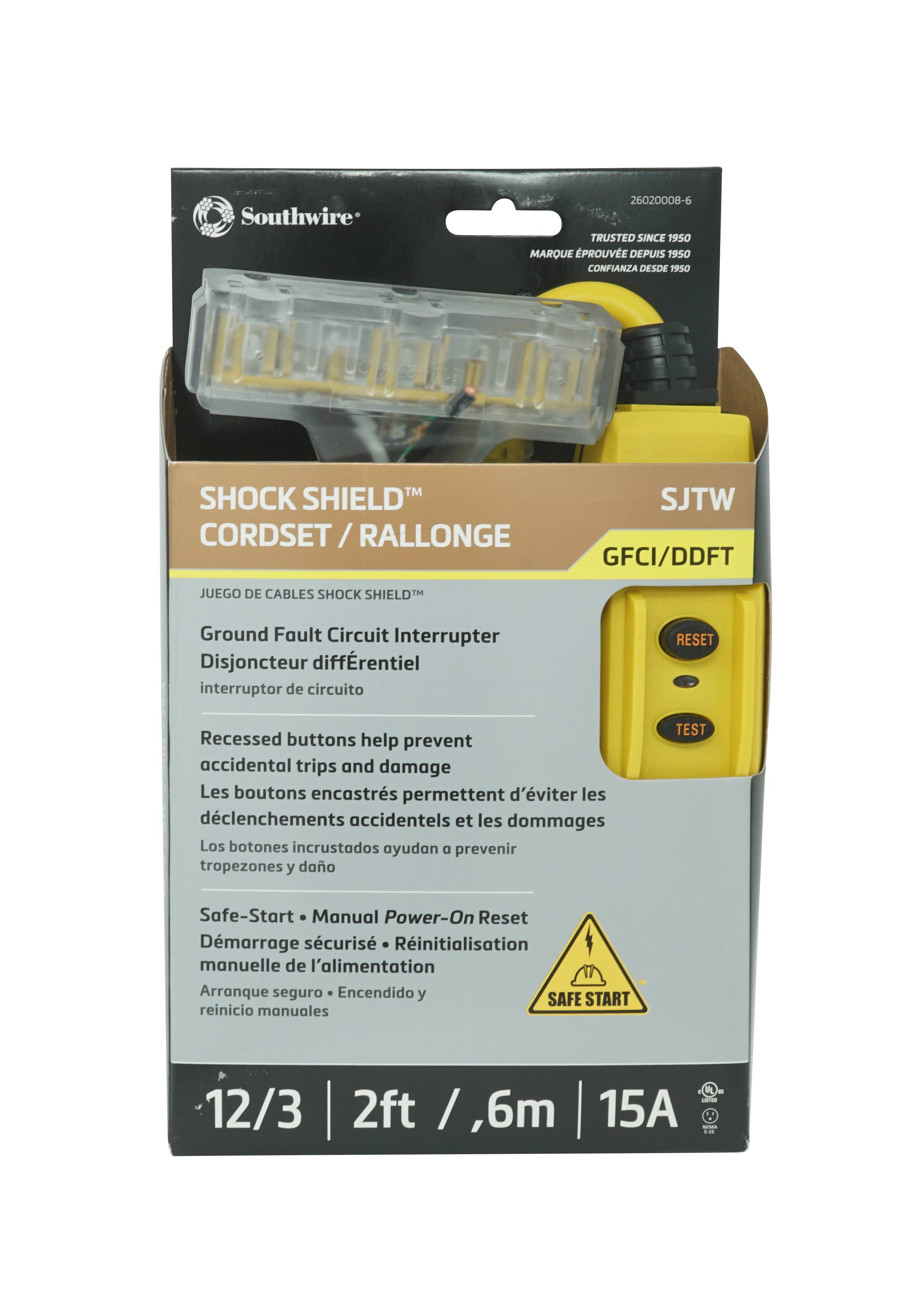 Southwire® 26020008-6 In-Line Protected GFCI Tri-Cord, 120 VAC, 15 A, 1 Pole, 3 Wires, Yellow