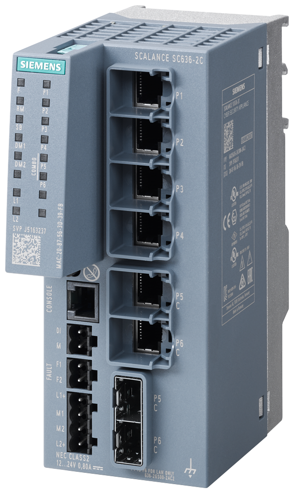 Siemens SCALANCE 6GK56362GS002AC2 Compact Cyber Security Appliance, 145 mm H x 60 mm W x 125 mm D, 2/4-Pole Terminal Block Connectivity, 6 Ports