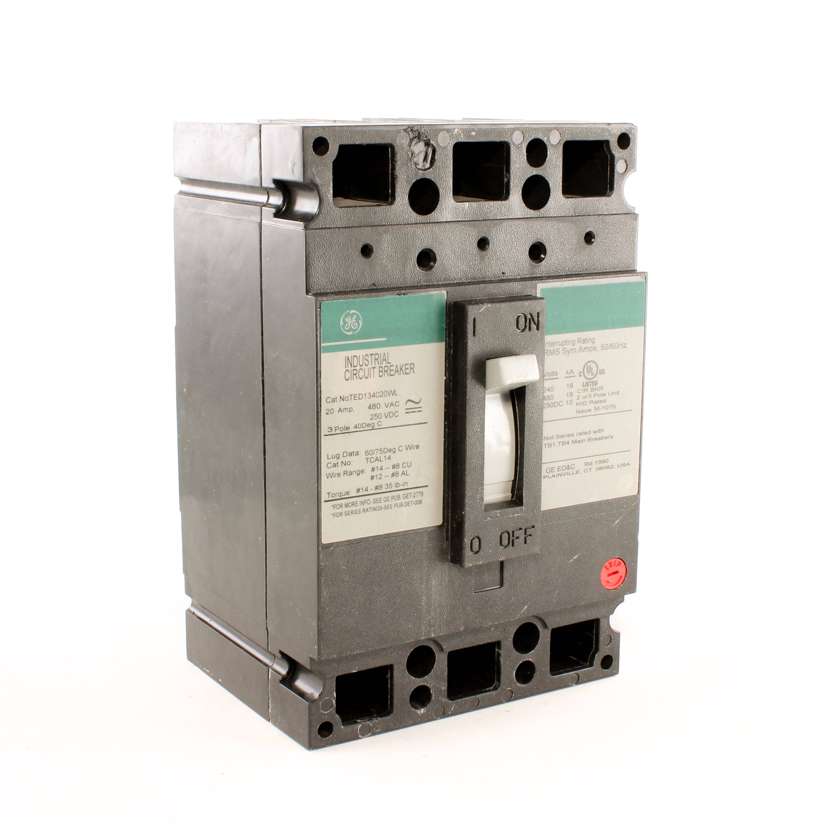 GE TED134020WL Molded Case Circuit Breaker, 480 VAC/500 VDC, 20 A, 18 kA AC, 10 kA DC, 14 kA AC Interrupt, 3 Poles, LI/Non-Interchangeable Thermal Magnetic Trip