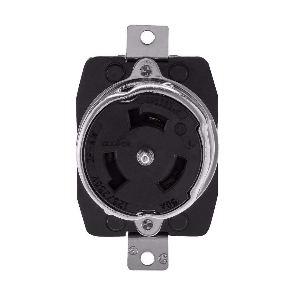 EATON CS6369 Single Locking Receptacle, 125/250 VAC, 50 A, 3 Poles, 4 Wires, Black