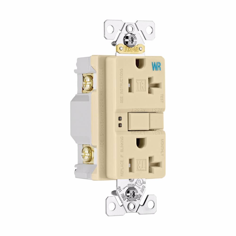 Eaton Wiring Devices TWRSGF20V TWRSGF Tamper/Weather-Resistant Duplex GFCI Receptacle, 125 VAC, 20 A, 2 Poles, 3 Wires, Ivory
