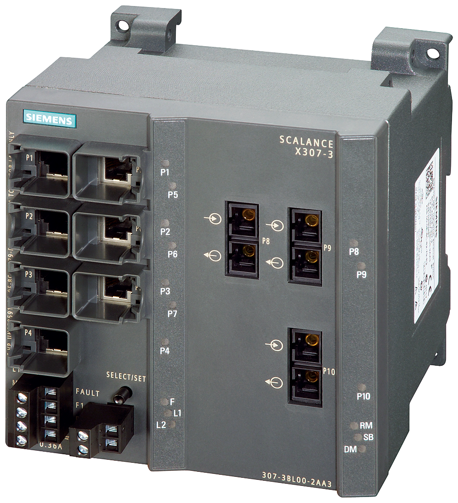 Siemens 6GK53073BL102AA3 SCALANCE X307-3 Managed Plus Industrial Ethernet Switch, (7) RJ-45 Ports for Network Components & Terminal Equipment, (1) 4-Pole Terminal Block for Power Supply, (1) 2-Pole Terminal Block for Signaling Contact Interface