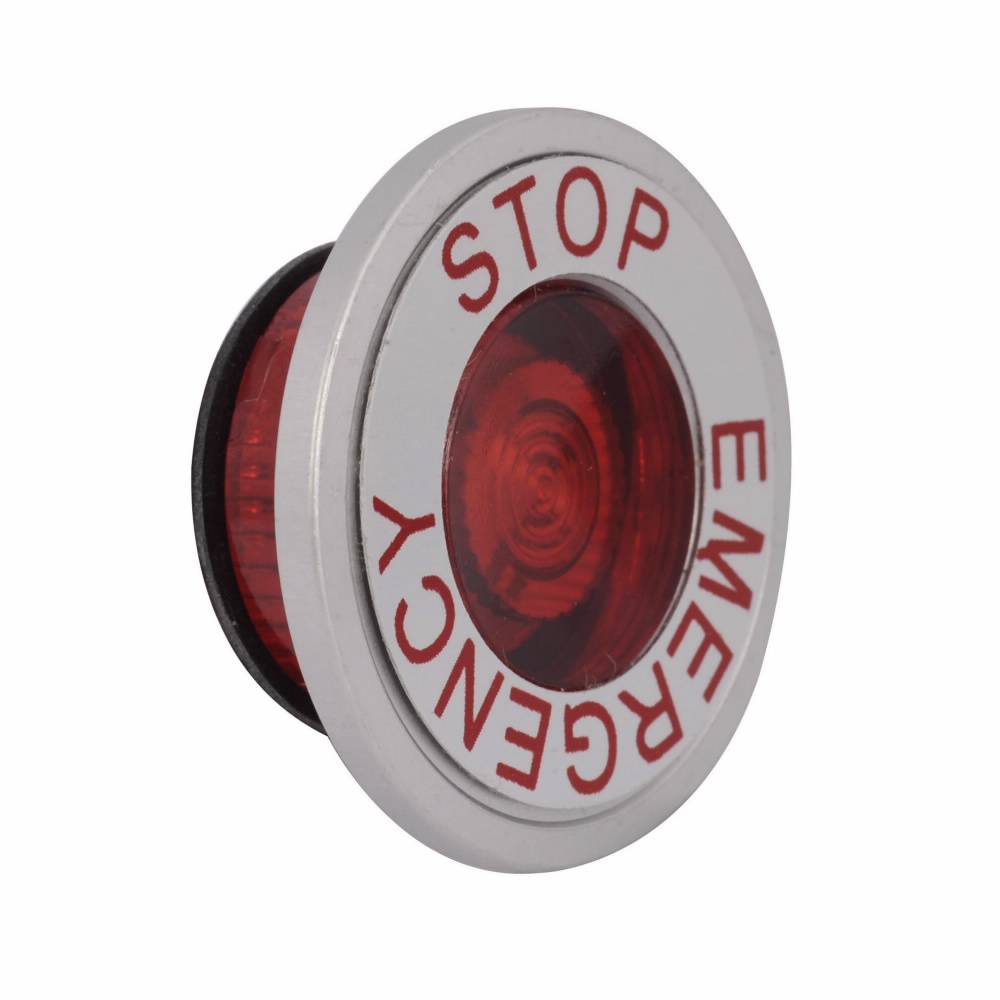 EATON 10250TC63 Heavy Duty Oiltight/Watertight Side-Lighted Operator Lens, 1.6 in L x 1.6 in W x 0.7 in H, NEMA 1/2/3/3R/4/4X/12/13/IP65, Round, EMERG. STOP, Aluminum