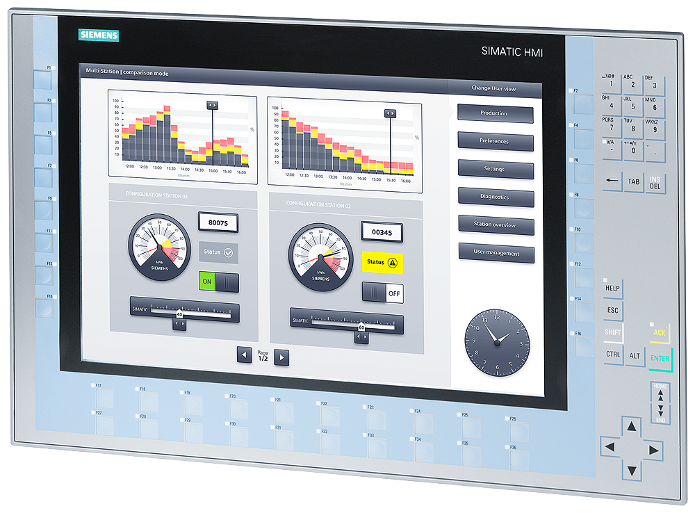 Siemens SIMATIC 6AV21241QC020AX0 KP1500 Comfort Panel, 24 VDC, 1.5 A, 36 W, 207 mm H x 331.2 mm W TFT Display, 36 Keys, Ethernet/RS 422/RS 485/USB