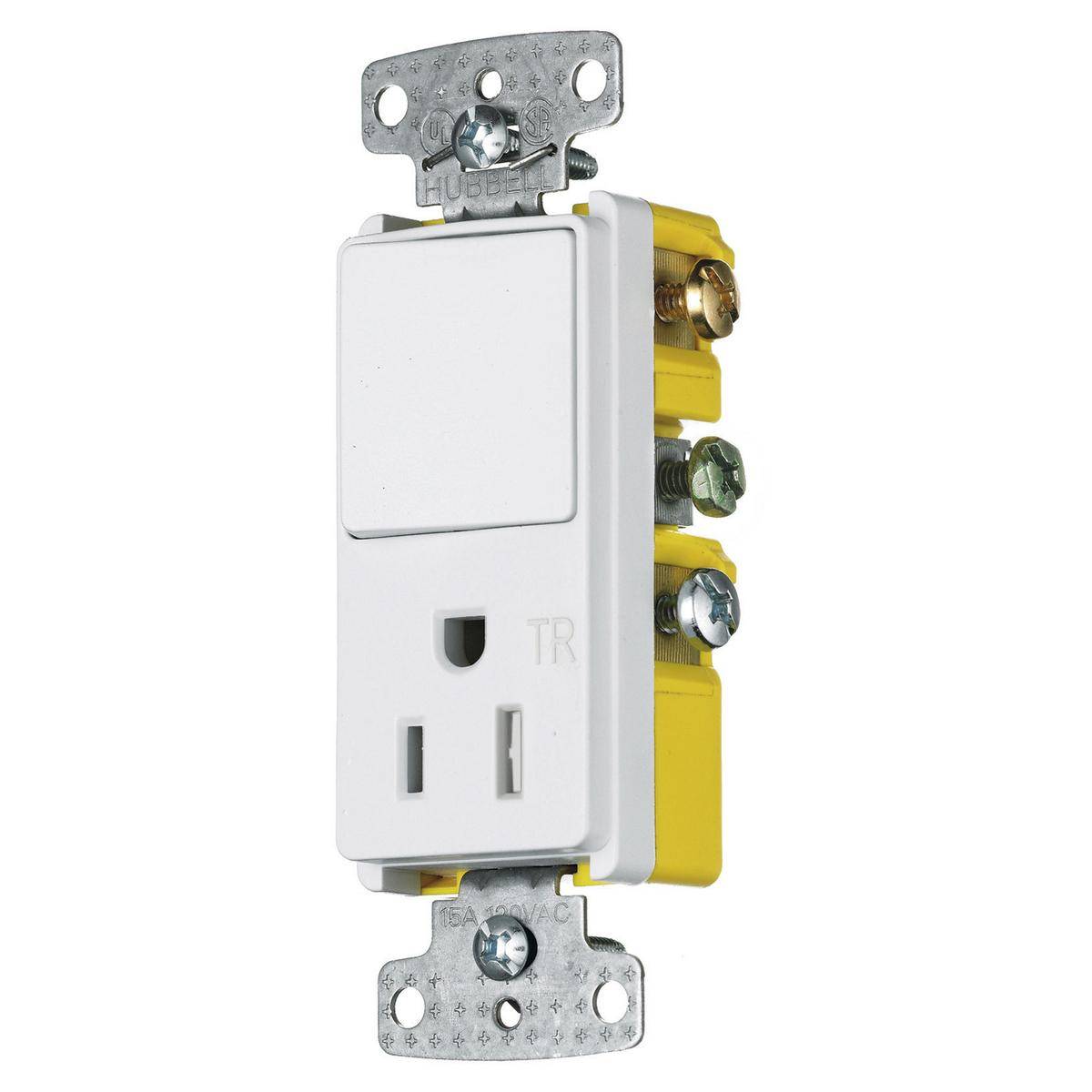 Wiring Device-Kellems RCD308WTR Decorator 2-Position 3-Way Rocker Snap Action Tamper-Resistant Switch and Receptacle Combination Device, Electrical Ratings: 15 A at 120/125 VAC, 2 Poles, 3 Wires, 14 to 12 AWG Copper Wire, Snap Switch Reset