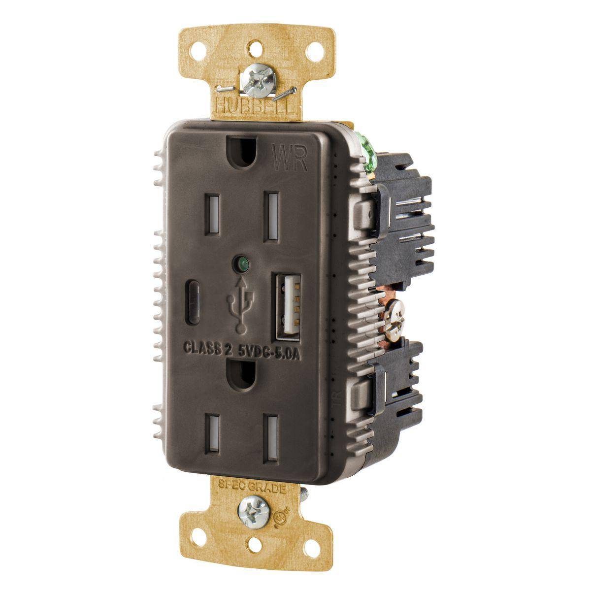 Wiring Device-Kellems tradeSELECT® USB15AC5WR Decorator Duplex Grounding Heavy Duty Tamper/Weather-Resistant USB Charger Receptacle With Green LED, 125 V, 15 A, 1 Phase, 2 Poles, 3 Wires, Brown