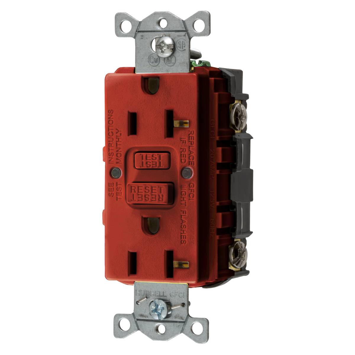 Bryant Electric AUTOGUARD® GFRST20R 1-Phase Auto Grounding Decorator Duplex Heavy Duty Self-Test Standard GFCI Receptacle With Alarm, 125 VAC, 20 A, 2 Poles, 3 Wires, Red