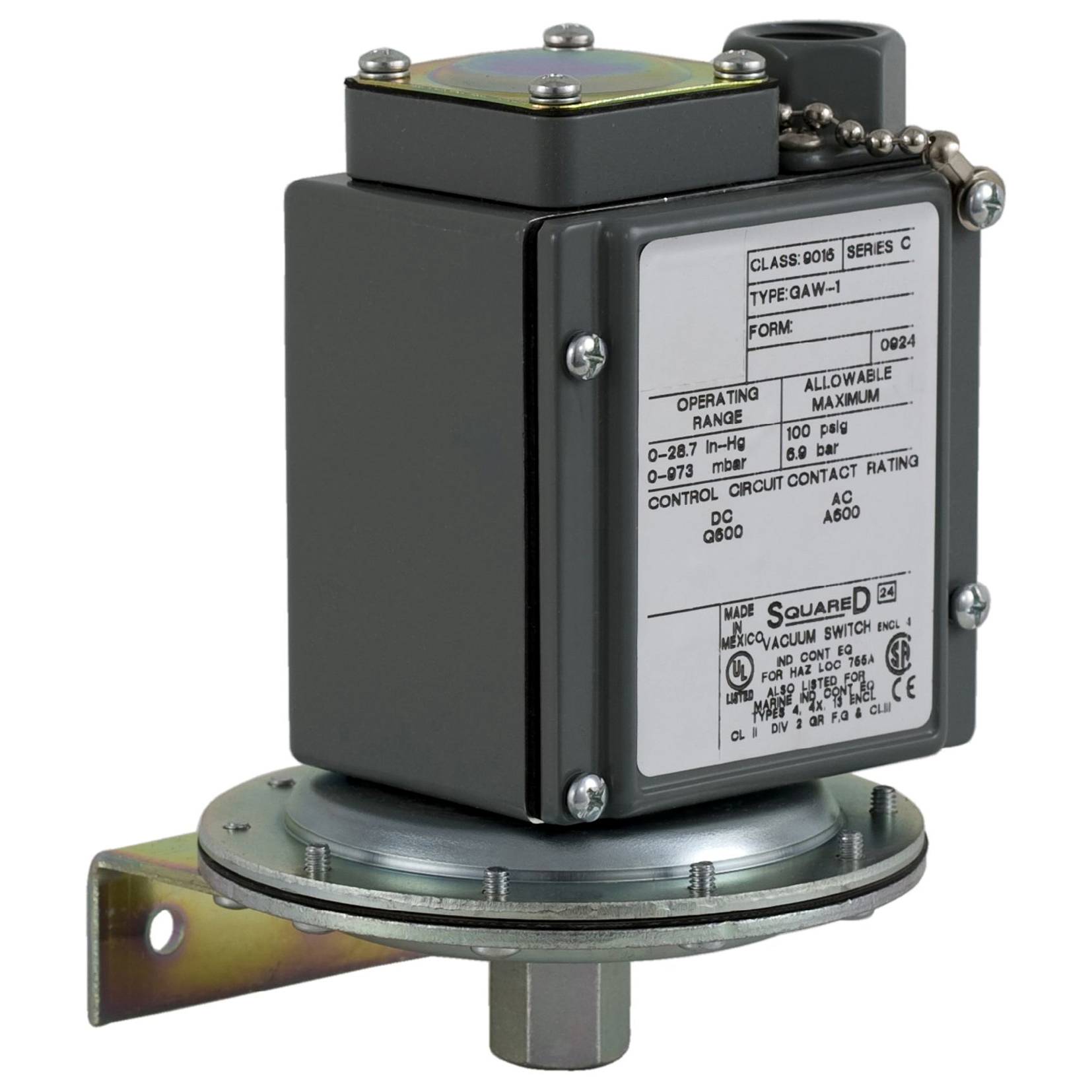 Square D™ 9016GAW21 Electromechanical Vacuum Switch, 0 to 28.3 in, 100 psi Response, 2NO-2NC/DPDT Output, 480 VAC