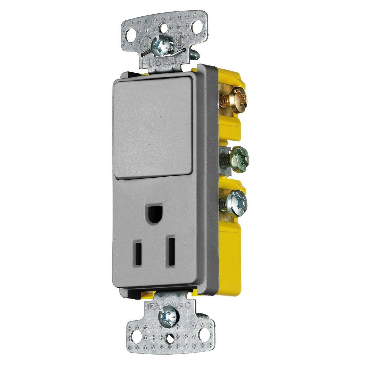 Wiring Device-Kellems RCD108GY Decorator 2-Position Standard Switch and Receptacle Combination Device, Electrical Ratings: 120/125 VAC, 15 A, 1875 W, 1 Poles, 3 Wires, 14 to 12 AWG Wire, Snap Switch Reset