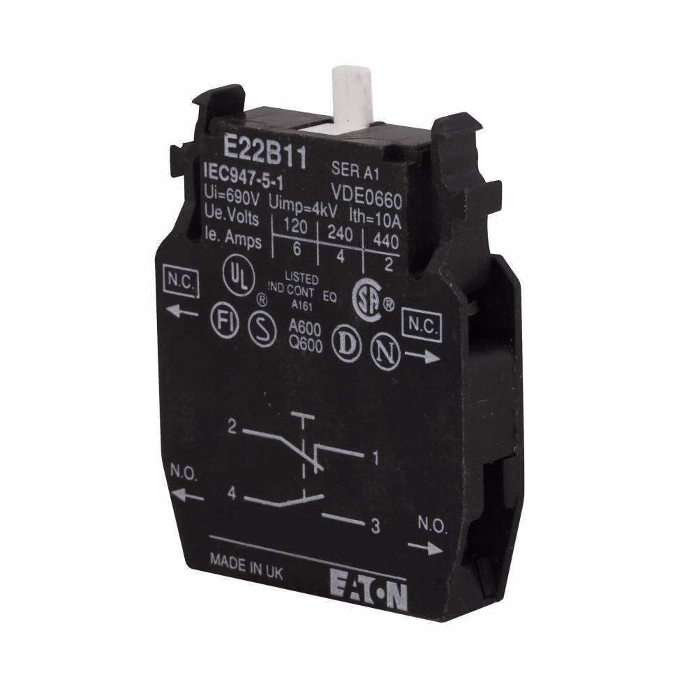 EATON E22B11 Heavy Duty Non-Metallic Standard Contact Block, 22.5 mm, 1NC-1NO Contact, 10 A at 600 VAC, 2.5 A at 600 VDC Contact, Silver Contact